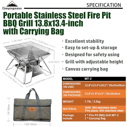 Camping Moon Portable Fire Pit Grill 14 Inch Stainless Steel - Medium Charcoal Barbecue MT-2