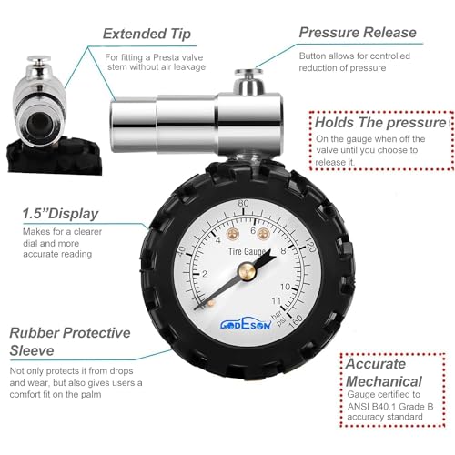 Presta Bicycle Tire Pressure Gauge 0-160psi / 11bar - Mechanical, Compact, Accurate