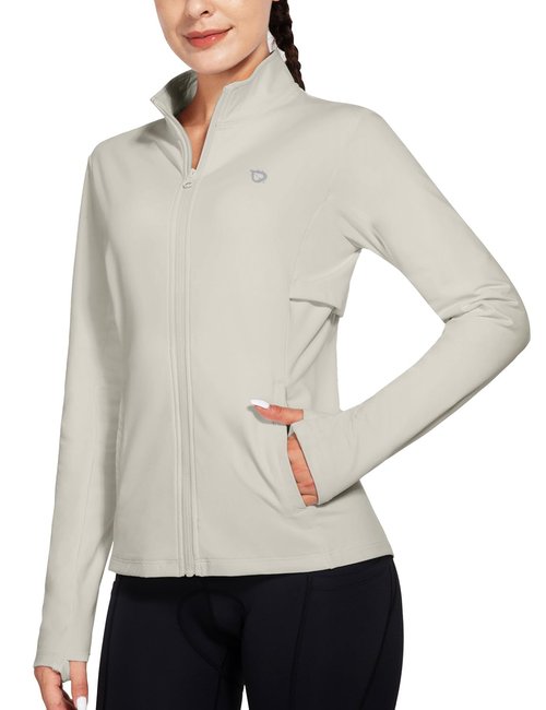 baleaf Running Jacket for Women Fleece Winter Water Resistant Full Zip Cold Weather Gear Thermal Cycling Workout Jackets Oatmeal Pink L