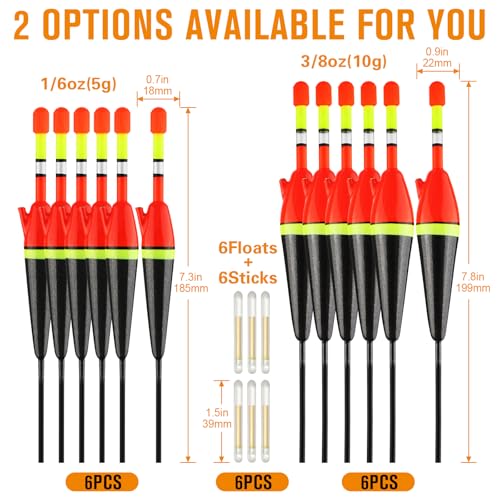Light Up Slip Bobbers with Glow Sticks 6PCS - 1/6oz Fishing Floats