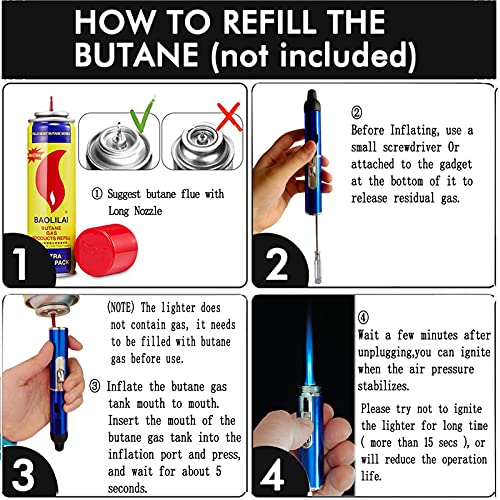 Refillable Long Torch Lighter with Windproof Jet Flame - Adjustable Gas, 2 Pack Blue