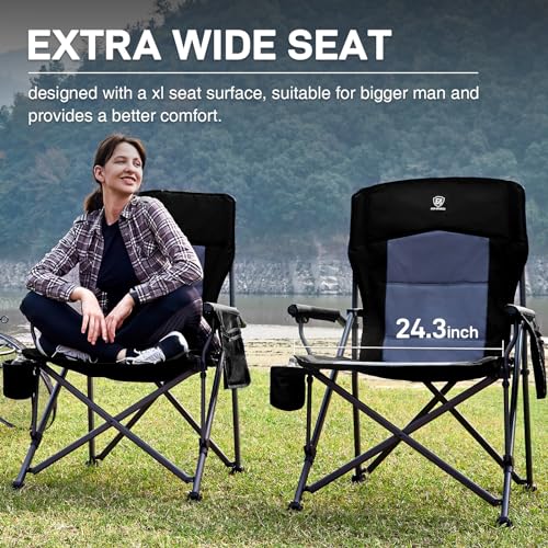 EVER ADVANCED Oversized Folding Camping Chair - Heavy Duty Outdoor Lawn Chair with Side Pockets - Black