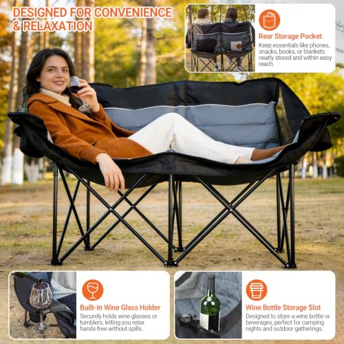 Leadpro 700LBS Heavy Duty Double Camping Loveseat Chair - Black Grey