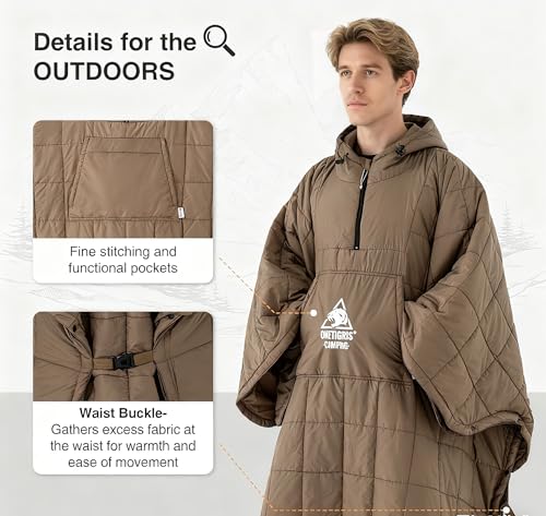 ONETIGRIS Brown Camping Blanket Poncho - Wearable Hoodie for Outdoors