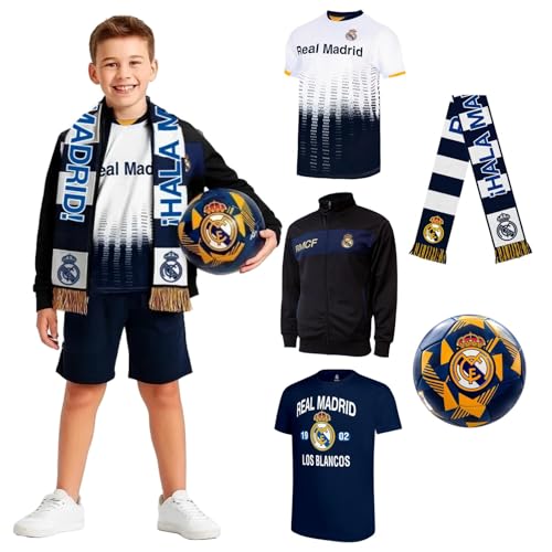 Official Soccer Fan Pack for Real Madrid - Kids Jacket, T-Shirt, Scarf & Ball - White Medium