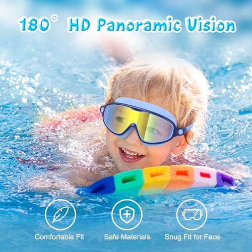 Kids Swim Goggles 2 Pack Anti-Fog Wide View Mirror & Clear Lenses - Light Blue & Purple