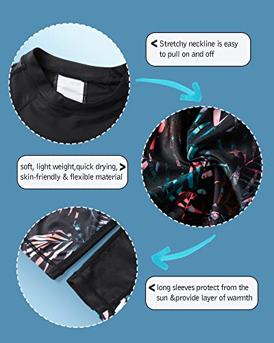 Girls Swimsuit Rash Guard 2-Piece Long Sleeve Bathing Suit with UPF50+ Size 13-14 Years - Coconut Leaf Black