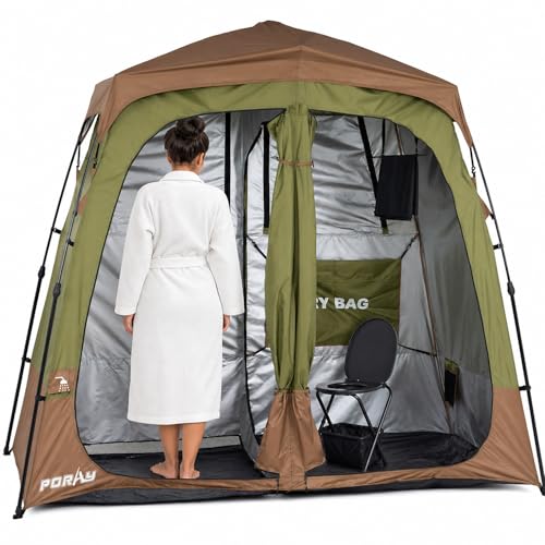 Porayhut Avocado Green Portable Camping Shower Tent with Dual Rooms & Floor Drain