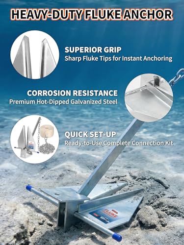 8 LB Fluke Anchor Kit for 12-22 FT Boats with Rope, Chain & Shackles - Marine-Grade