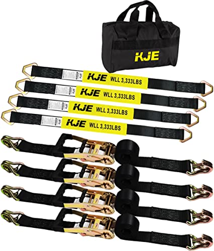Heavy Duty Car Trailer Tie Down Straps Kit 4 Pack - 2x8ft & 36in Ratchet Straps with J-Hooks, 10,000lbs Capacity