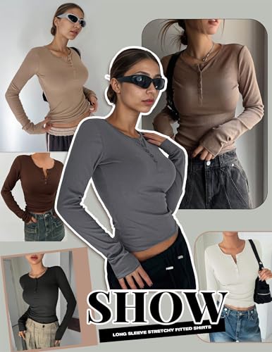 Ekouaer Women's Henley Long Sleeve Thermal Shirts 3 Pack - Small Black Beige Brown