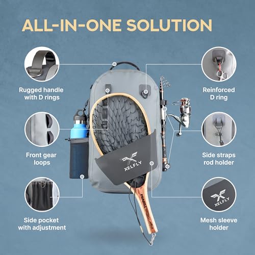 Xelfly Gray Waterproof Fishing Backpack with Rod Holder & Inflatable Buoyancy