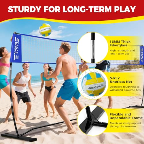 BAGAIL 12ft / 20ft Portable Volleyball Net with Adjustable Height - Blue, Heavy-Duty Frame & Carry Bag