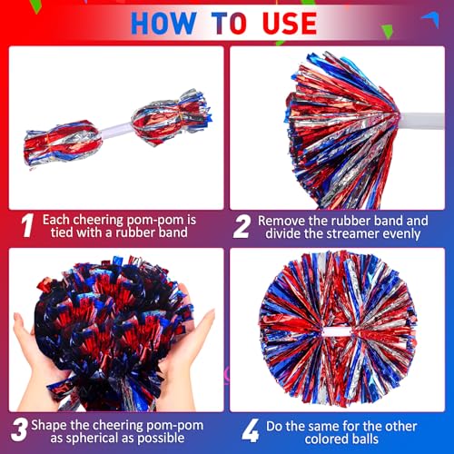 Yunsailing 50 Pcs Cheerleading Pom Poms Bulk with Handles - Red, Blue & Silver