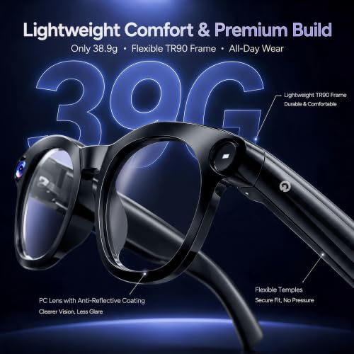Black AI Smart Glasses with Camera 1080P HD Video Bluetooth Calls