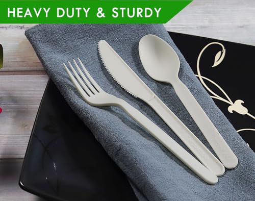 Heavy Duty Compostable Cutlery Kit - 200 Sets BPI Certified Eco-Friendly Utensils with Napkins & Bags