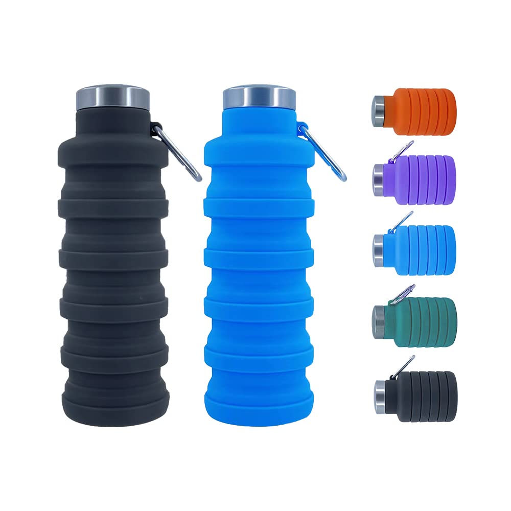 Ummigi Collapsible Water Bottles，17oz Large capacity Silicone Water Bottle with Carabiner，Reusable Foldable Lightweight Sports Water Bottle for Travel Gym Camping Hiking (Blue + Purple)
