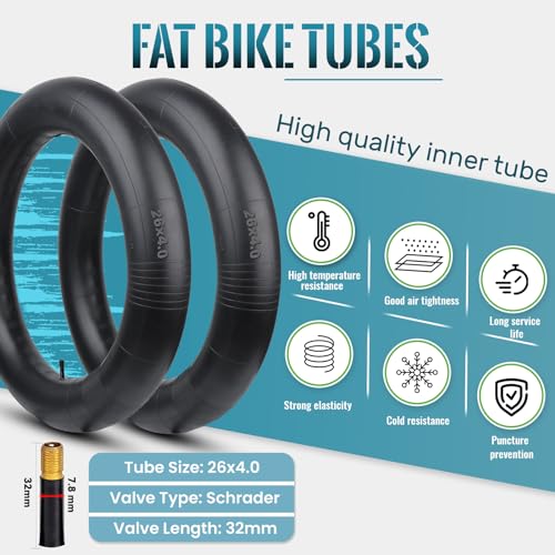 26x4.0 Inch Fat Bike Inner Tube - Schrader Valve, Puncture-Resistant Butyl Rubber, 2-Pack with Tire Levers