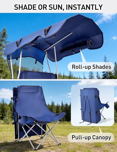 EO Living Navy Blue Oversized Camping Chair with Canopy Shade - Heavy Duty 400 lbs