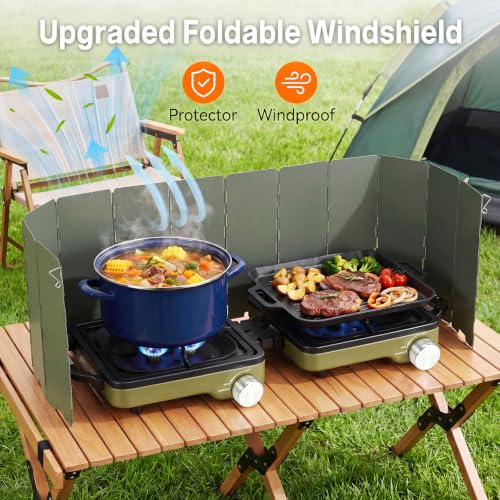 Green Portable 2-Burner Propane Camping Stove with Windshield, Foldable Gas Cooker