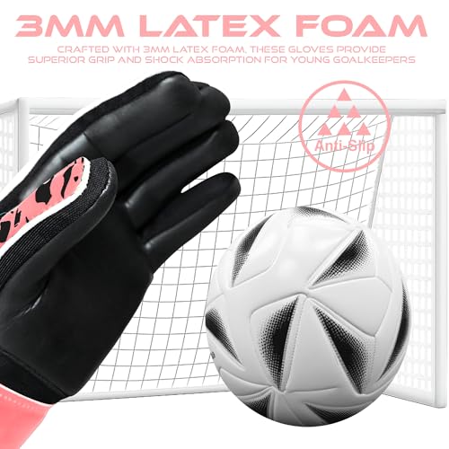 Youth Goalkeeper Gloves Neon Pink Size 5 for Kids 9-12 - Support Grip Football Glove