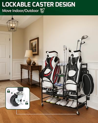 Mythinglogic 2-Bag Golf Organizer with Club, Shoe & Accessories Storage - Versatile Golf Equipment Rack