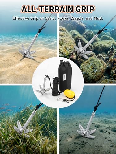 Silver 1.5 lb Folding Grapnel Anchor Kit with 40 ft Rope & Buoy for Kayaks and Small Watercraft