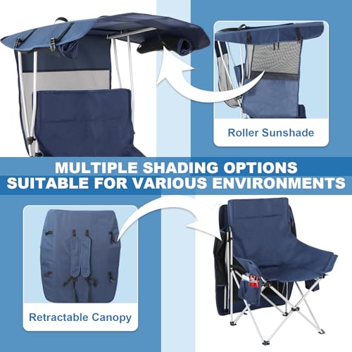 The Treasmap Navy Blue Folding Camping Chair with Canopy & Shade - Portable Outdoor Beach & Fishing Seat for Adults