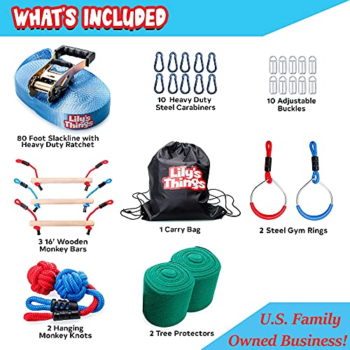 Blue 80 Ft Double Ninja Slackline Obstacle Course with Monkey Bars for Kids