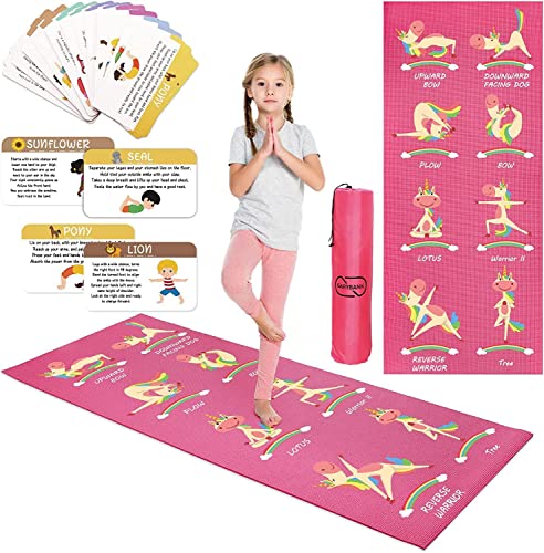 Kids Yoga Mat Set with Unicorn Pink Design, Non-Slip Exercise Mats & 12 Yoga Cards