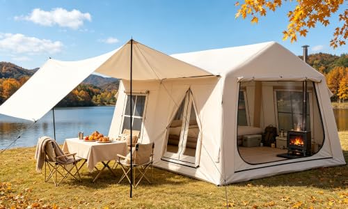 Inflatable Tent with Awning 116 sq ft - Easy Setup All-Weather Camping Shelter