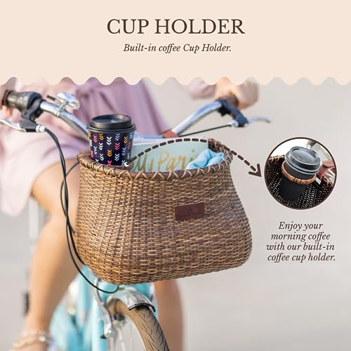 Warner's Wheels Handmade Bike Basket with Coffee Cup Holder - Stained, Front Mount for Cruiser Bikes