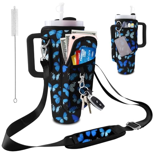 Blue Butterfly Neoprene Water Bottle Carrier for Stanley 30oz/40oz with Phone & Adjustable Strap