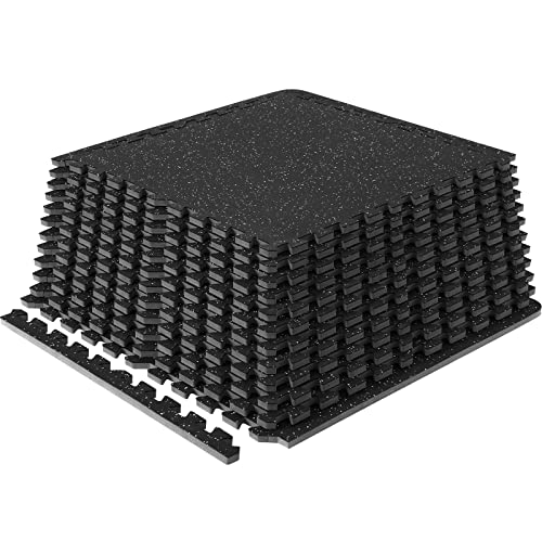 VEVOR Black & Gray Interlocking Gym Floor Tiles 25x25in 0.56in Thick - 12 pcs, Rubber & EVA Foam Workout Mats for Home & Exercise