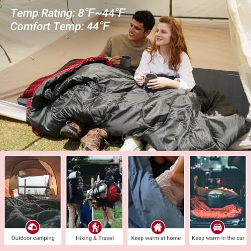 KingCamp Black Double Sleeping Bag for Adults, Queen Size 2 Person, Detachable for Couples or Solo Camping