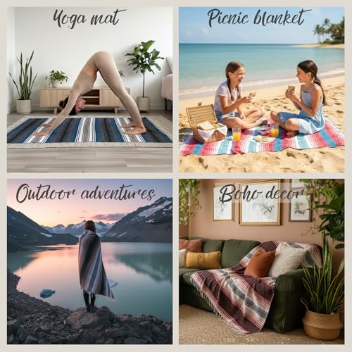 Authentic Handwoven Mexican Blanket, Falsa Serape - Soft & Durable - Vibrant Beach, Picnic, Yoga & Camping Mat - Traditional Boho Throw - Outdoor Blanket 70"x50" (Haze)