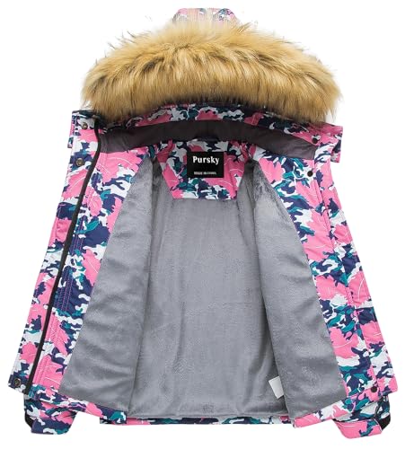 Pursky Girls' Waterproof Ski Jacket Kids Winter Snow Coat with Fleece, 14-16 Years, Flower Pattern