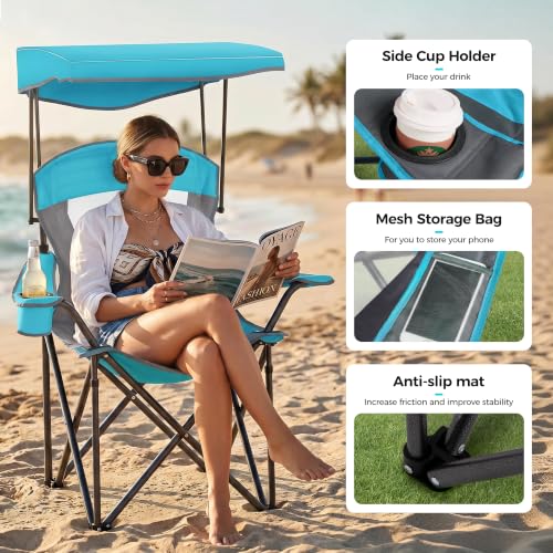 Alpha Camp Enamel Blue Heavy Duty Camping Chair with Adjustable Sunshade 2 Pack