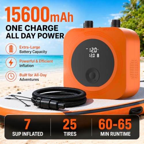 Electric Paddle Board Pump 50 PSI Rechargeable SUP Pump with LCD - Orange