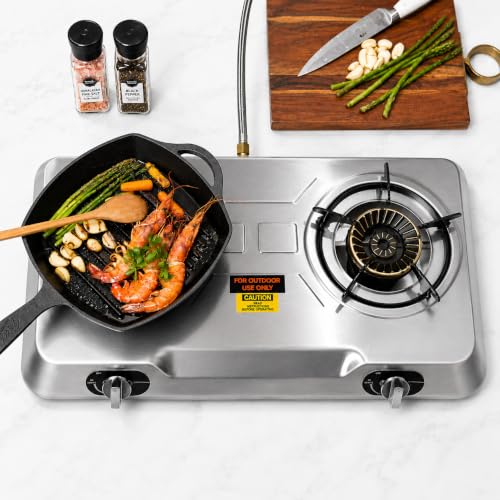Deluxe Double Burner Propane Stove - 25,516 BTU Outdoor Camping Cooktop with Auto Ignition, Portable Stainless Steel Gas Stove for RV, Tailgating & Camping
