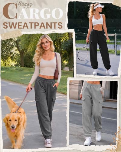 Women's Cargo Joggers Pants - Medium Black & Gray, Baggy Sweatpants Set