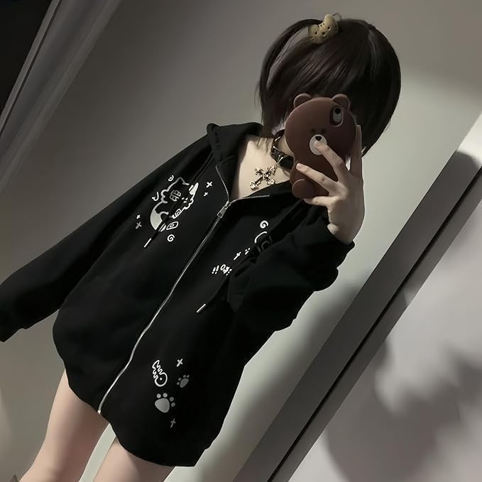 Y2K Zip-Up Cat Ear Oversized Hoodie - Medium Black, Trendy Animal Hoodie