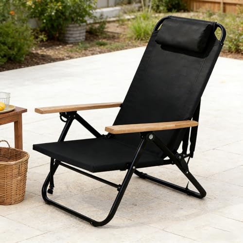 Night Black Portable Camping Chair with 5-Position Recline & Wooden Armrests