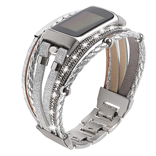 Leather Bands Compatible with Fitbit Charge 5/6 Silver Multilayer Wrap Bracelet for Women