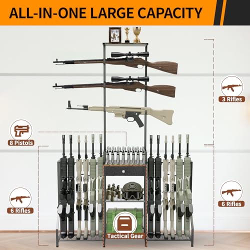 Large Indoor Rifle & Gun Floor Stand Rack with Pistol Holder - Heavy Duty Steel Wall Mount & Display