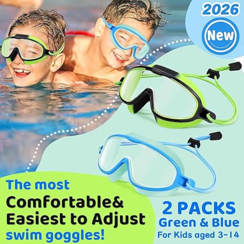 Kids Swim Goggles Black Green & Light Blue - Wide View Anti-Fog UV Protection