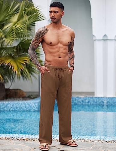 Men Linen Pants Casual Elastic Waist Drawstring Summer Beach Pants - Medium Brown