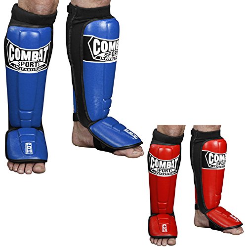 Blue Pro-Style MMA Shin Guards with Leather Striking Surface - Large