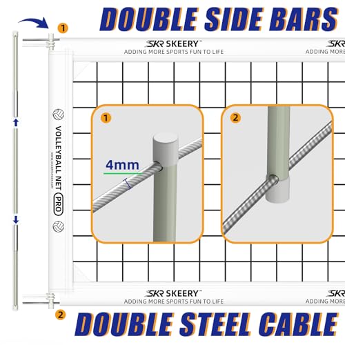 SKEERY Professional Volleyball Net 32x3.3ft, Official Size with Steel Cables & Reinforced Design