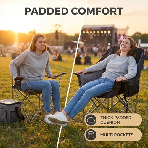 Qucamous 2 Pack Oversized Heavy Duty Camping Chairs Support 500 lbs, Black & Grey